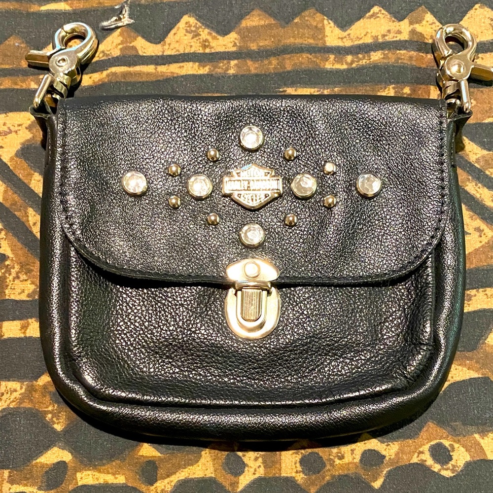 Harley-Davidson Black Studded leather pouch with rhinestones good condition